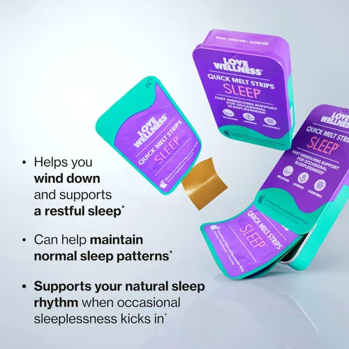Vista 2 de Love Wellness Sleep* Tiras de derretimiento rápido - Apoyo para dormir de disolución rápida con melatonina y botánicos calmantes - Promueve un sueño