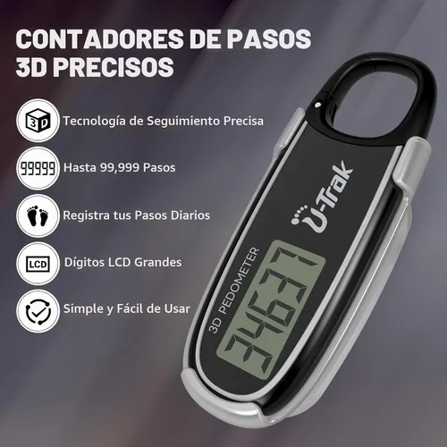 Vista 3 de U-Trak3D Pedometer for Walking with Removable Clip and Carabiner Simple Step Counter for Walking Accurate Clip On Step Tracker for Men Women Kids