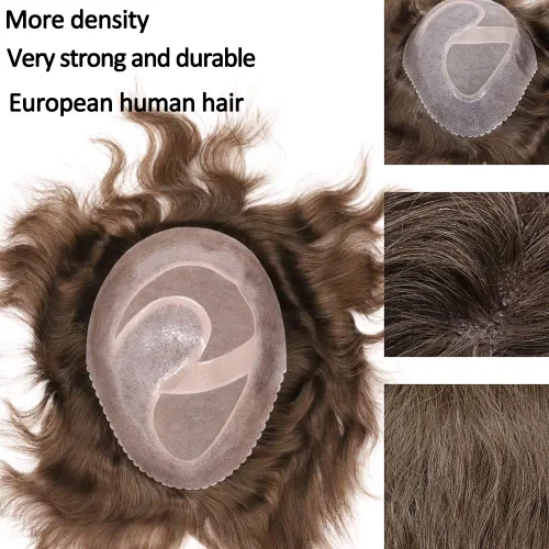 Vista 2 de Toupee para hombres sistemas de reemplazo de cabello humano real europeo para hombres, postizos finos, centro de encaje, piel más gruesa, pieza