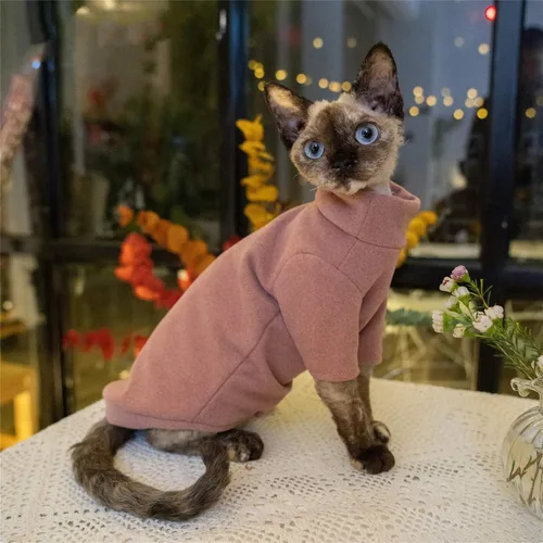Vista 4 de Ropa de gatos sin pelo, camiseta de algodón, chaleco transpirable para primavera y otoño, ropa de gato con cuello alto para Sphynx, Cornish Rex