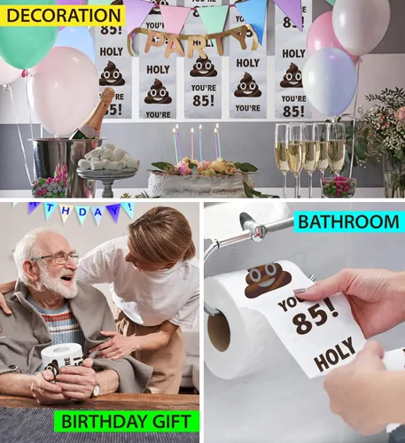 Vista 5 de Papel higiénico impreso TP Holy Poop You're 85 - Papel higiénico impreso con texto en inglés «Happy 85th Birthday» para la mejor broma, sorpresa