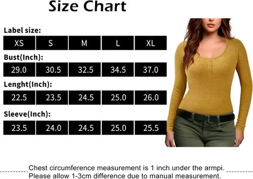 Vista 4 de Camisetas Henley de manga larga para mujer, de punto acanalado, ajustadas, con cuello redondo, con botones elásticos