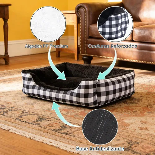 Vista 6 de Hollypet Cama Rectangular de Felpa para Perros y Gatos Autocalentable, Negra con Cuadros A cuandros negros