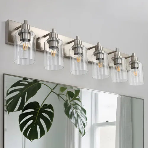 Vista 13 de LOUSACE Lámpara de tocador de baño de 3 luces, lámparas de baño negro mate sobre el espejo, iluminación moderna de baño con pantalla de vidrio