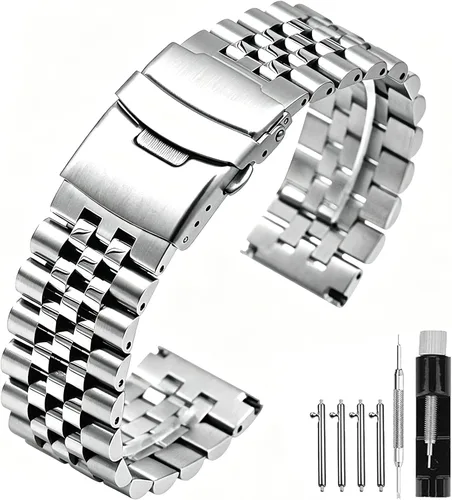 Vista 9 de Correa de Brazalete de Reloj de Acero Inoxidable de Plata Sólido 3D Super Cepillada y Pulida, 20mm 22mm 24mm, Hebilla de Doble Despliegue de Negro