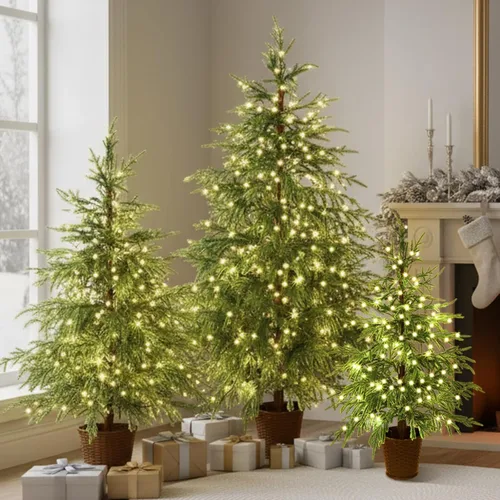 Vista 11 de Cinnyvoice Set of 3 Pre-lit Potted Christmas Tree with led, 2 ft, 3ft,4 ft Árbol de ciprés artificial preiluminado con base de cesta tejida