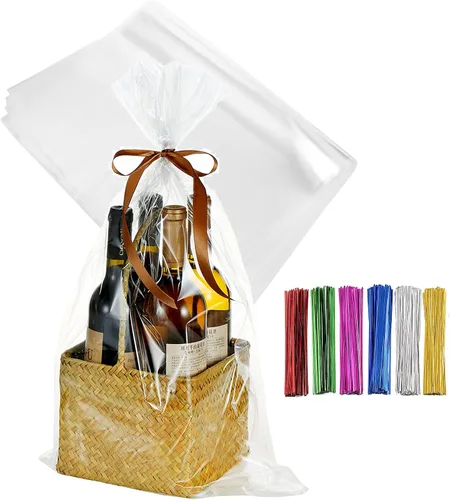 Vista 13 de 200 bolsas de celofán planas de celofán de 4 x 9 pulgadas, transparentes y gruesas, con lazos torcidos de 6 colores, embalaje, galletas, dulces