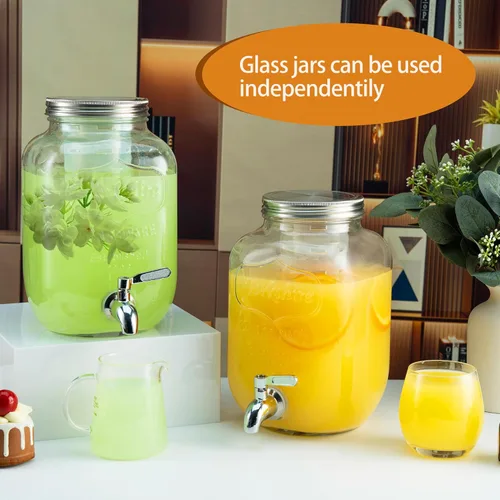 Vista 3 de Dispensadores de bebidas de vidrio de 1 galón para fiestas, paquete de 2 dispensadores de bebidas con soporte, cilindro de hielo y espita de acero