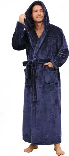 Vista 8 de U2SKIIN Bata de baño para hombre con capucha, bata de felpa gruesa de longitud completa, grande y alta Negro