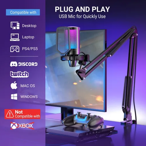 Vista 7 de FIFINE Gaming PC USB Microphone, Podcast Condenser Mic with Boom Arm, Pop Filter, Mute Button for Streaming, Twitch, Online Chat, RGB Computer Mic