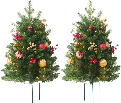 Vista 7 de Árbol de Navidad de 30 pulgadas preiluminado, 2 juegos de árboles de Navidad, preiluminados, LED, funciona con pilas, decoración de Navidad al aire