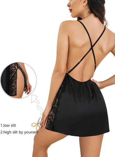 Vista 2 de Avidlove Camisón de encaje de satén para mujer lencería sexy con abertura lateral