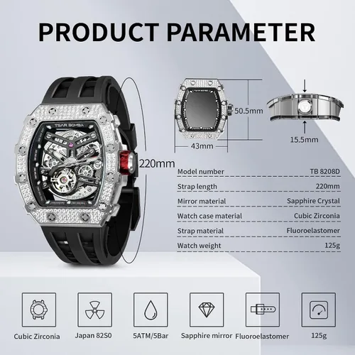 Vista 5 de Tonneau - Reloj automático para hombre, reloj de esqueleto de lujo para hombre, mecánico, resistente al agua, analógico, reloj de pulsera