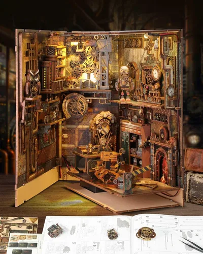 Vista 3 de RONSTONE - Kit de manualidades para rincón de lectura - Kit de casa de muñecas en miniatura 3D, rompecabezas de madera con luz LED - Modelo de kits