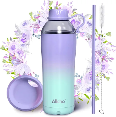 Vista 12 de Bow - Botella de agua aislada para mujeres, botellas de agua de acero inoxidable de 18 oz, de doble pared, 2 tapas (para beber y vaso) - Hidrata