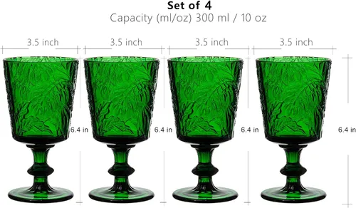 Vista 4 de Juego de 4 copas de vino con tallo de color prensado hecho a mano, color verde, retro (4, copa de vino)