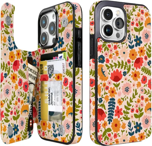 Vista 27 de uCOLOR - Funda tipo cartera para iPhone 15 con tarjetero y diseño de lunares con leche de almendra Bloqueo RFID de piel sintética para mujeres