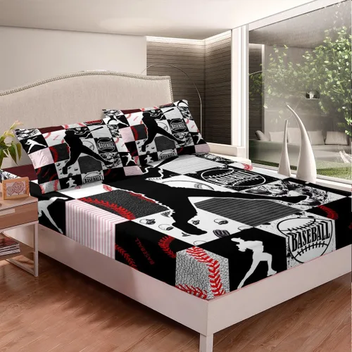 Vista 3 de Erosebridal Sábana bajera ajustable de béisbol, sábanas deportivas de sóftbol 3D para niños, juego de cama de retazos geométricos deportivos
