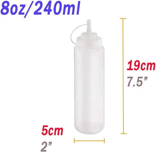 Vista 2 de 15 botellas exprimibles de 8 onzas, botella de plástico para condimentos con tapas giratorias, botella exprimible para salsas, salsa de tomate