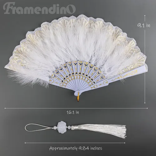 Vista 2 de Framendino, Paquete de 2 abanicos de plumas bordadas de flores Marabou con borla colgante de los años 20 plegable de arrastre a mano para mujeres