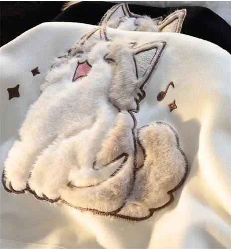 Vista 4 de Sudadera con capucha unisex con patrón de gato 3D para mujer, lindo bordado