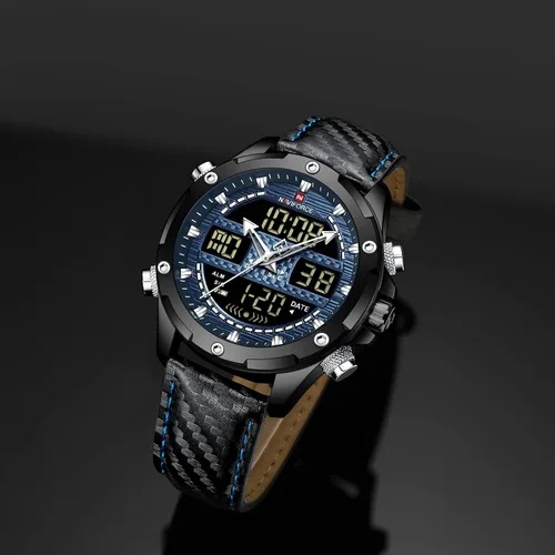 Vista 4 de NAVIFORCE Reloj analógico digital militar de cuarzo para hombre, movimiento de cuarzo japonés, resistente al agua, 3ATM, reloj deportivo de cuero