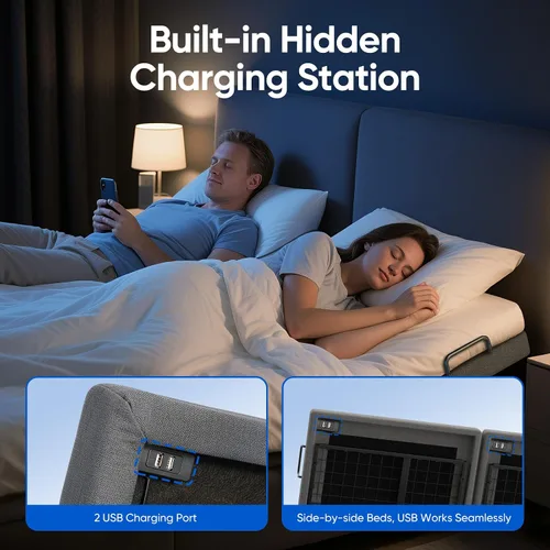Vista 3 de Base de cama ajustable individual XL con masaje, base de cama eléctrica con patas ajustables, puertos USB, control remoto inalámbrico, gravedad cero
