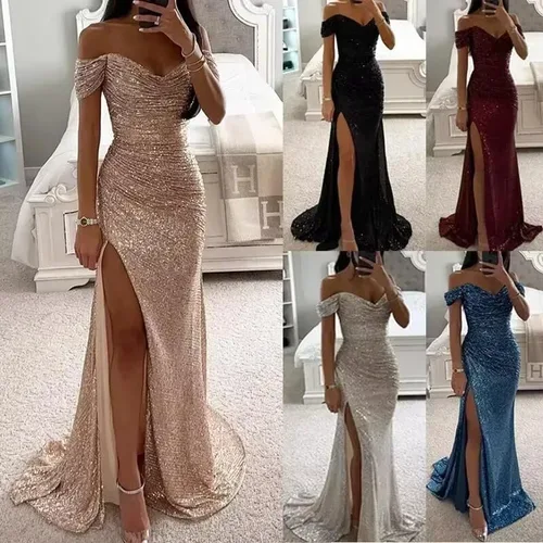 Vista 5 de SHSUREVE Vestidos de fiesta de lentejuelas para mujer, con hombros descubiertos, vestido largo de baile con abertura, vestido formal de fiesta