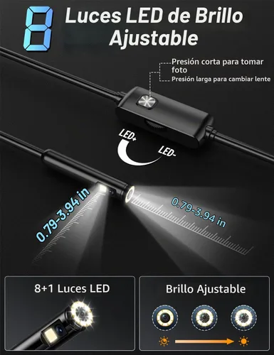 Vista 3 de Cámara de endoscopio [Doble Lente] con luz, boroscopio HD 1920P con 8 luces LED ajustables, boroscopio con cámara de serpiente semirrígida de 32.8