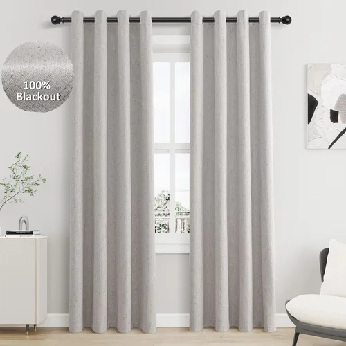 Vista 70 de Beige White Linen Blackout Curtains 90 Length 2 Panels Set for Living Room Bedroom, 100% Black Out Thermal Insulated Linen Drapes, Room Darkening