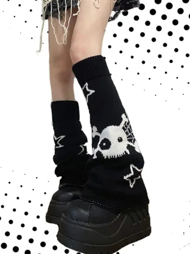 Vista 4 de heyheyshine Y2k Star Skull Print Dos Lados Wear Calcetines Calcetines Punk, Niñas Japonesas Kawaii Streetwear Pierna Cubierta