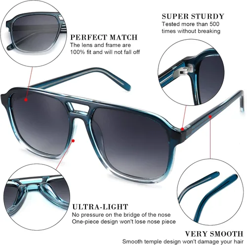 Vista 4 de Dollger Lentes de sol de aviador para mujeres y hombres, polarizados, retro, 70, cuadrados, degradados, planos, ultraligeros, de plástico