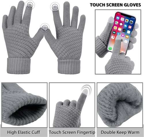 Vista 4 de Conjunto de gorro, bufanda, guantes para pantalla táctil, para mujer, con forro polar cálido, gorro de calavera, calentador de cuello, regalos