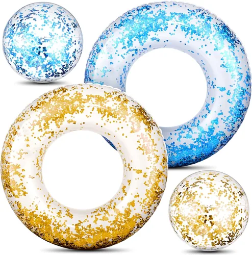 Vista 8 de Hungdao 4 piezas de flotadores inflables con purpurina para piscina, tubo de confeti y bola de playa con purpurina, pelota de playa inflable