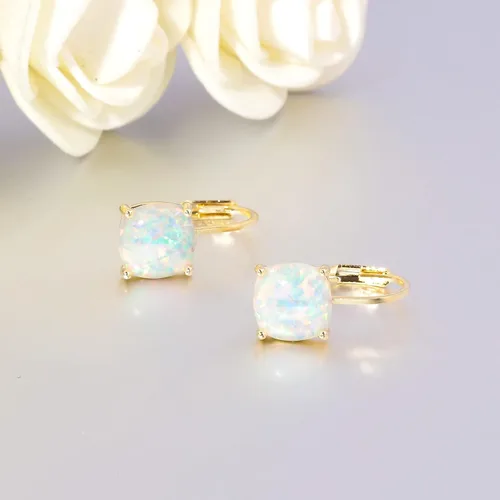 Vista 5 de CiNily Aretes colgantes para mujeres y niñas, hipoalergénicos, chapados en oro de 14 quilates, aretes con dije cuadrado de ópalo, aretes de palanca