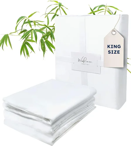 Vista 10 de Wooflinen Juego de sábanas 100% viscosa derivada de bambú, sedosas, suaves como la seda, funda de cama blanca mate con fundas de almohada