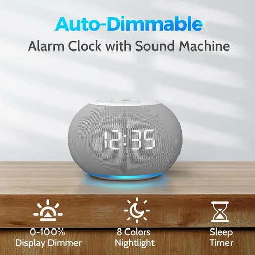 Vista 2 de REACHER - Máquina de sonido con atenuación automática y reloj de alarma con luz nocturna, 20 sonidos relajantes, pantalla digital LED, temporizador