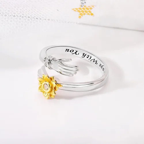 Vista 6 de Anillo de plata giratorio de girasol ajustable con diamantes y simple banda para abrazar a dos manos