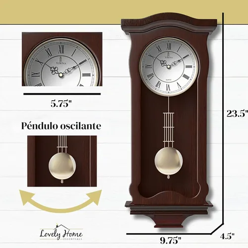 Vista 3 de Reloj de pared de péndulo a pilas, reloj de pared colgante de madera con péndulo, silencioso y sin timbre, madera real, decorativo para decoración
