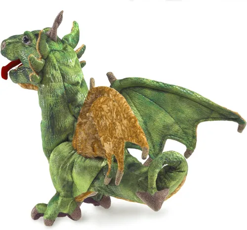Vista 2 de Folkmanis Wyvern - Marioneta de mano de dragón, verde, blanco