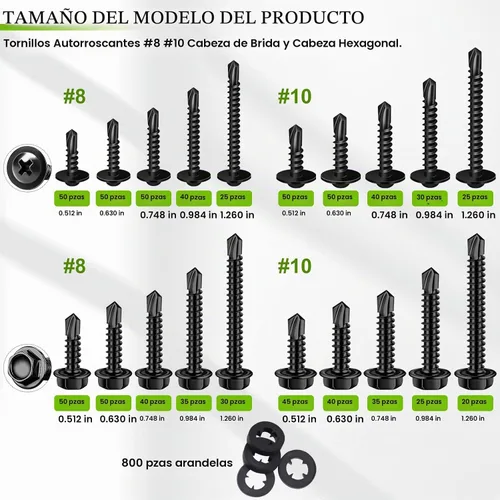 Vista 2 de mxuteuk - 1600 tornillos autorroscantes #8#10 para metal, acero inoxidable