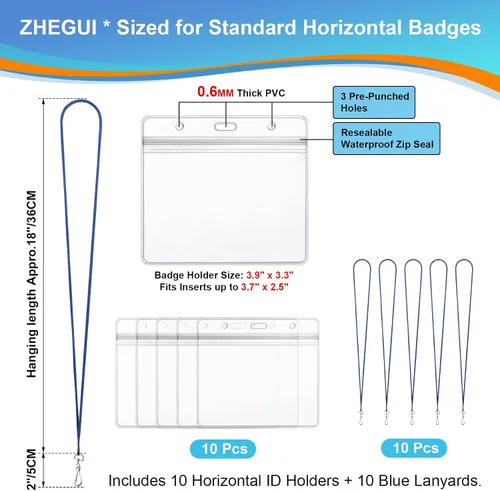 Vista 2 de Cordones azules para tarjetas de identificación, paquete de 10 unidades con soporte de identificación horizontal, soporte de plástico transparente