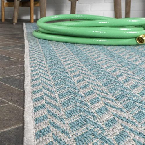 Vista 4 de JONATHAN Y Concentric Squares - Alfombra de pasillo para interiores y exteriores, 2 x 8 pies, color aguamarina/gris claro, cheurón, moderna