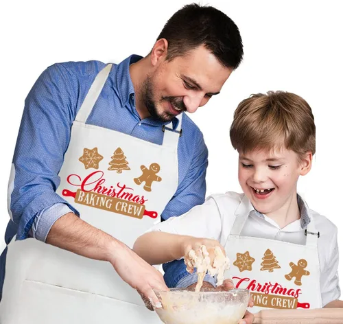 Vista 2 de Paquete de 2 delantales de Navidad a juego para niños y adultos, delantales de Navidad para panaderos, delantales de cocina blancos de Navidad con 2