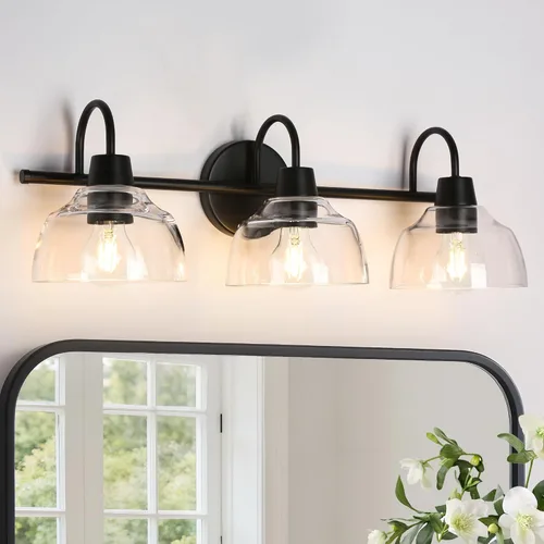 Vista 11 de KSANA Lámpara de baño negra, lámpara de tocador de 3 luces con pantalla de cristal transparente de gran apertura, moderna lámpara de pared de granja