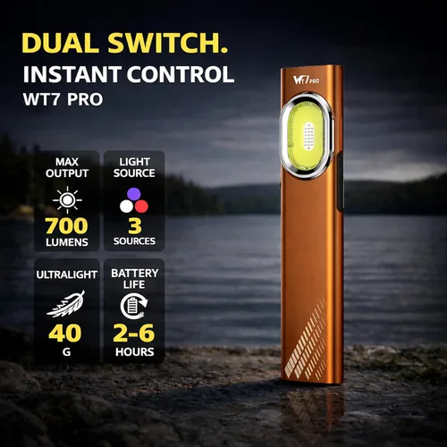 Vista 2 de BELNOR - Linterna LED recargable, linterna plana de bolsillo delgada de 700 lúmenes con COB magnético, luz UV, carga USB-C, mini linterna EDC Naranja