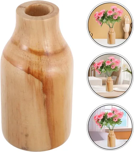 Vista 8 de HOMSFOU Florero de madera de pino rústico de 6.29 pulgadas, pequeño jarrón de madera para decoración de granja, mesa de comedor, centro de mesa
