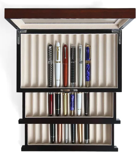 Vista 11 de vitrina de madera de la pluma de 36 ranuras Pluma estilográfica caja organizador de almacenamiento con cajón, ventana superior ventana pluma