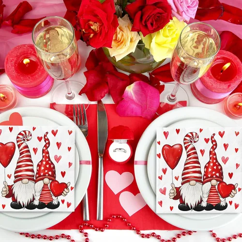 Vista 7 de Paquete de 80 servilletas de papel para el día de San Valentín, diseño de gnomo y corazón, servilletas decorativas, para almuerzo, cena, cumpleaños