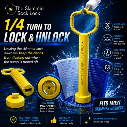 Vista 3 de Skimmie Sock Lock - Máxima comodidad de limpieza de piscinas: mango extraíble para calcetines Skimmer mantiene los desechos dentro, incluso cuando